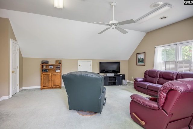 616 Brandon Ct, Lexington, SC 29072 - living area with lofted ceiling, light colored carpet, baseboards, and ceiling fan