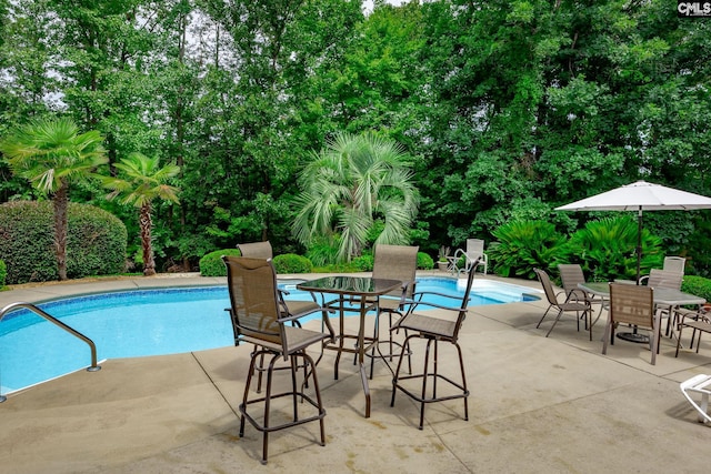 616 Brandon Ct, Lexington, SC 29072 - outdoor pool with view of scattered trees, a patio, and outdoor dining space
