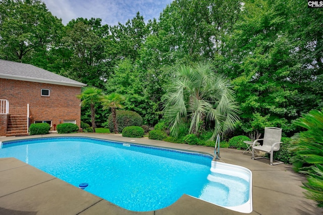 616 Brandon Ct, Lexington, SC 29072 - outdoor pool with stairway, a patio area, and view of wooded area
