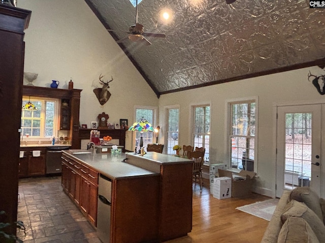 1225 Wateree Rd, Winnsboro, SC 29180 - kitchen with dishwasher, open floor plan, a ceiling fan, a sink, and lofted ceiling