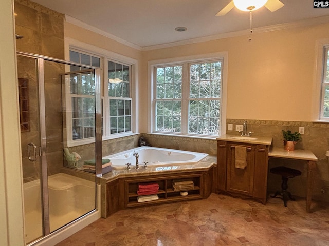 1225 Wateree Rd, Winnsboro, SC 29180 - full bathroom featuring a bath, crown molding, a shower stall, vanity, and a ceiling fan