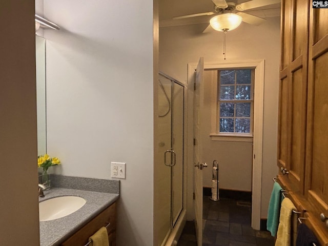 1225 Wateree Rd, Winnsboro, SC 29180 - full bathroom featuring vanity, a ceiling fan, and a stall shower
