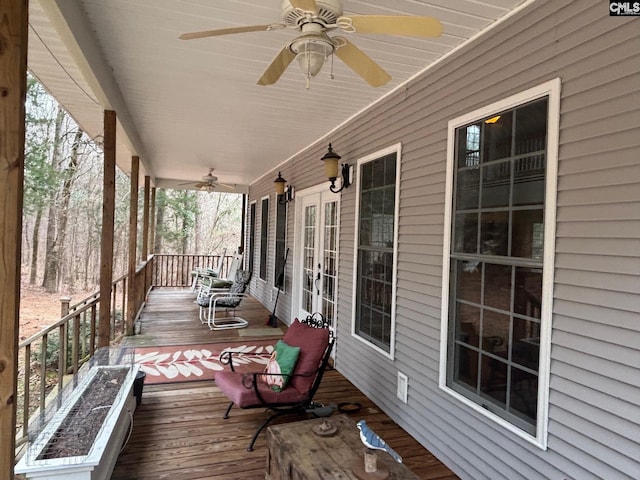 1225 Wateree Rd, Winnsboro, SC 29180 - wooden porch featuring ceiling fan and french doors