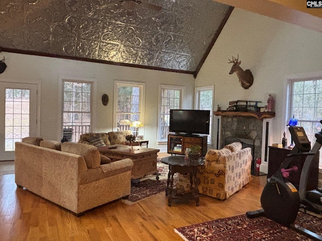 1225 Wateree Rd, Winnsboro, SC 29180 - living room featuring wood finished floors, a fireplace, and lofted ceiling
