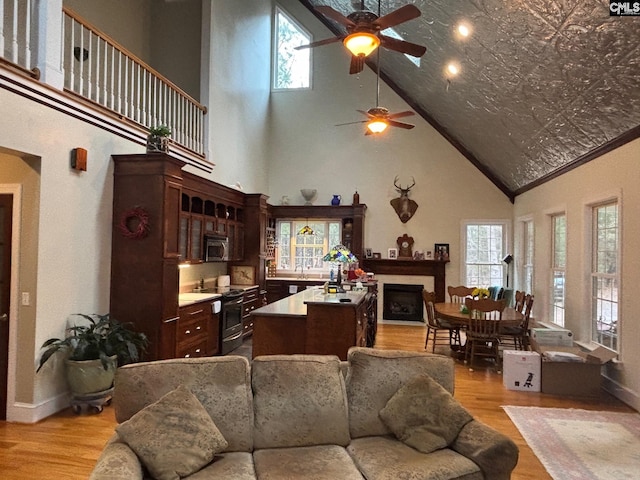 1225 Wateree Rd, Winnsboro, SC 29180 - living room with ceiling fan, high vaulted ceiling, light wood-style floors, and a fireplace