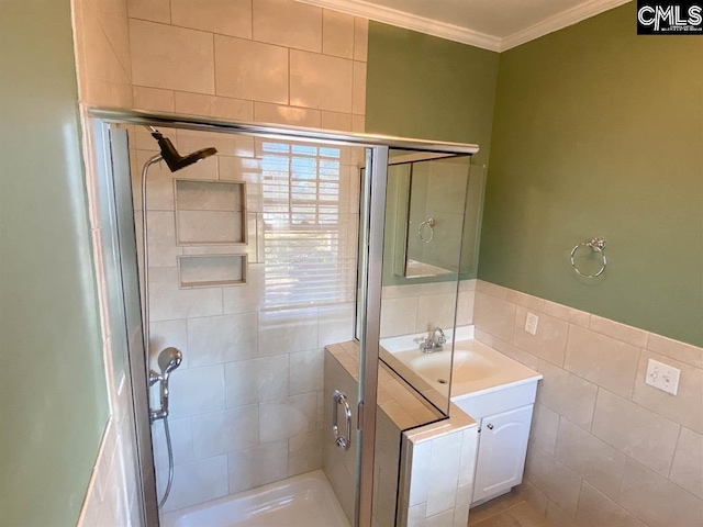 2825 Pruitt Dr, Columbia, SC 29204 - full bath featuring crown molding, a shower stall, vanity, and tile walls