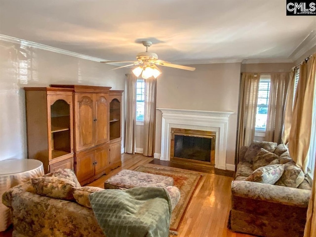 2825 Pruitt Dr, Columbia, SC 29204 - living area with light wood-style flooring, a ceiling fan, crown molding, a fireplace with flush hearth, and baseboards