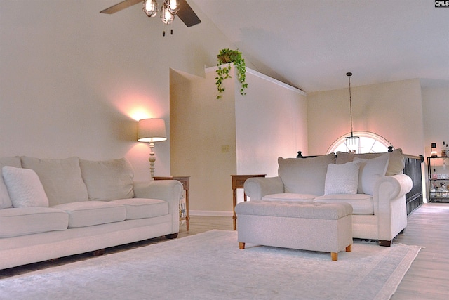 25 Elcock Cir, Irmo, SC 29063 - living room with ceiling fan, wood finished floors, a chandelier, and high vaulted ceiling