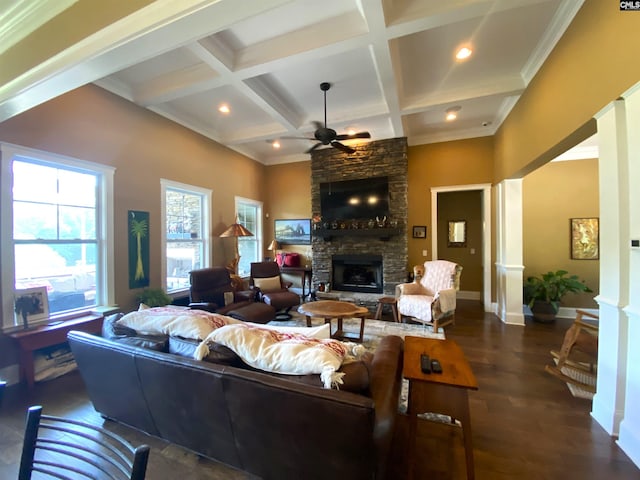 132 Systems Ln, Columbia, SC 29212 - living room with ceiling fan, a stone fireplace, coffered ceiling, beam ceiling, and dark wood-style flooring