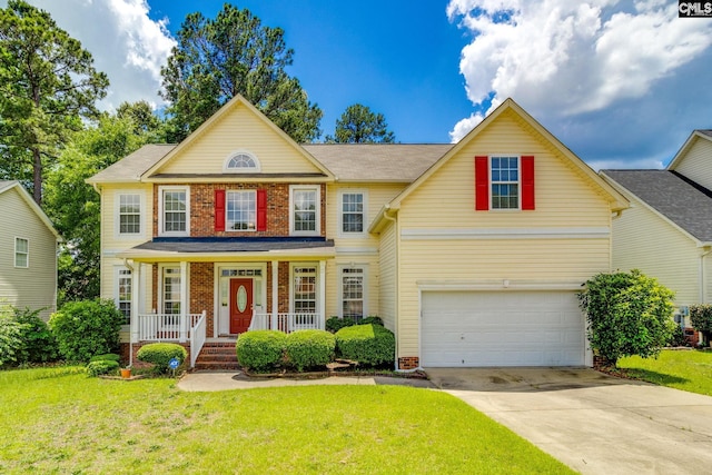 1113 Walden Place Dr, Elgin, SC 29045 - view of front facade with covered porch, driveway, a front lawn, and brick siding