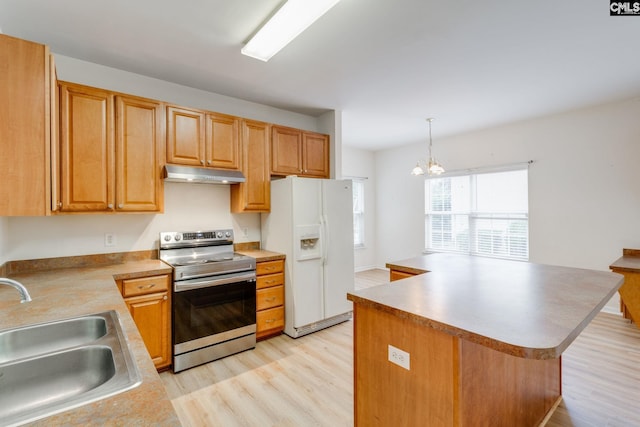 1113 Walden Place Dr, Elgin, SC 29045 - kitchen with stainless steel range with electric stovetop, white refrigerator with ice dispenser, under cabinet range hood, a sink, and light wood-style flooring