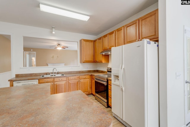 1113 Walden Place Dr, Elgin, SC 29045 - kitchen featuring white appliances, a sink, under cabinet range hood, a ceiling fan, and light countertops