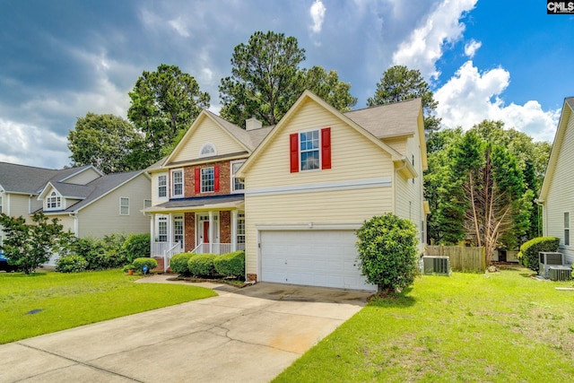 1113 Walden Place Dr, Elgin, SC 29045 - traditional-style home with a porch, central AC unit, concrete driveway, an attached garage, and brick siding