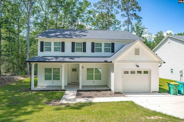 212 W Brookhill St, Lexington, SC 29072 - view of front facade featuring a garage, covered porch, a front lawn, driveway, and roof with shingles