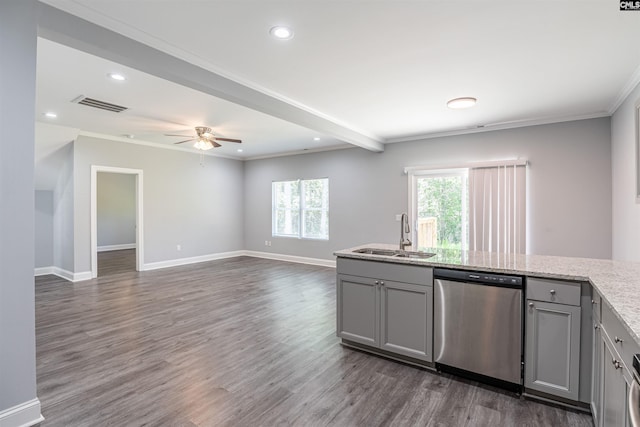 212 W Brookhill St, Lexington, SC 29072 - kitchen featuring stainless steel dishwasher, a sink, gray cabinets, a ceiling fan, and dark wood-type flooring