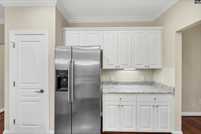 1324 Pulaski St Unit A105, Columbia, SC 29201 - kitchen with stainless steel refrigerator with ice dispenser, dark wood-style floors, white cabinetry, light stone countertops, and crown molding
