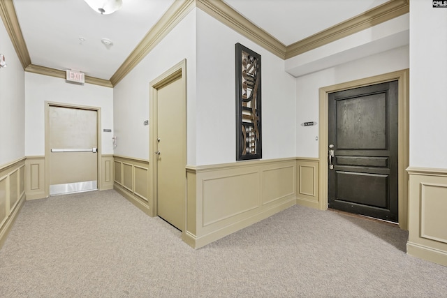 1324 Pulaski St Unit A105, Columbia, SC 29201 - corridor featuring crown molding, wainscoting, carpet flooring, and a decorative wall