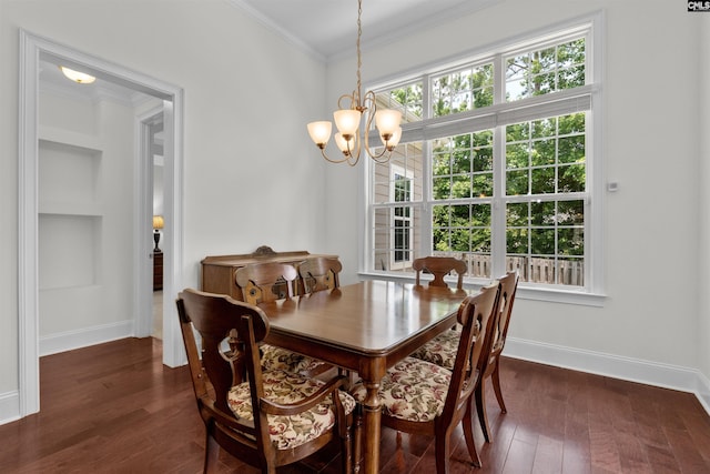 135 Bay Wren Rd, Blythewood, SC 29016 - dining room with a chandelier, baseboards, dark wood-style flooring, and ornamental molding