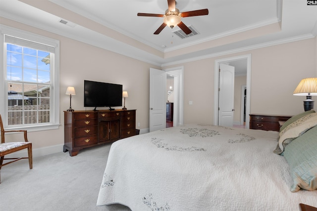 135 Bay Wren Rd, Blythewood, SC 29016 - bedroom featuring light colored carpet, a raised ceiling, ornamental molding, ceiling fan, and baseboards