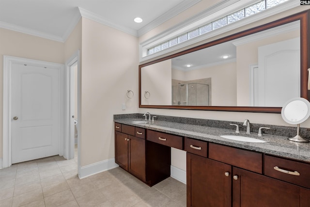 135 Bay Wren Rd, Blythewood, SC 29016 - full bathroom featuring double vanity, a stall shower, baseboards, tile patterned floors, and crown molding
