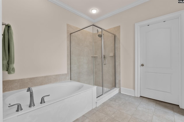 135 Bay Wren Rd, Blythewood, SC 29016 - full bath featuring a garden tub, a stall shower, crown molding, and tile patterned floors