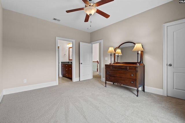 135 Bay Wren Rd, Blythewood, SC 29016 - bedroom featuring light carpet, baseboards, ensuite bathroom, and a ceiling fan
