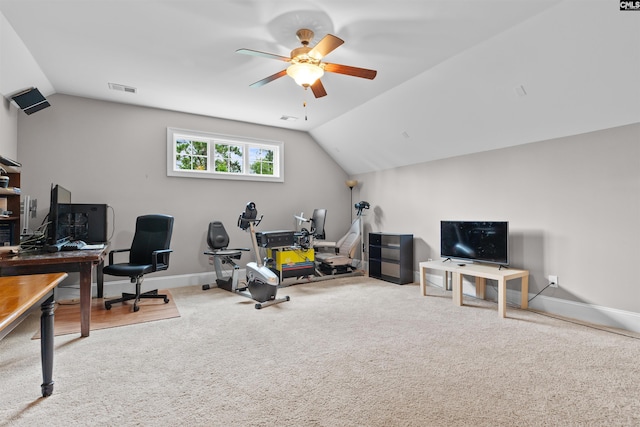 135 Bay Wren Rd, Blythewood, SC 29016 - office space featuring a ceiling fan, vaulted ceiling, carpet, and baseboards