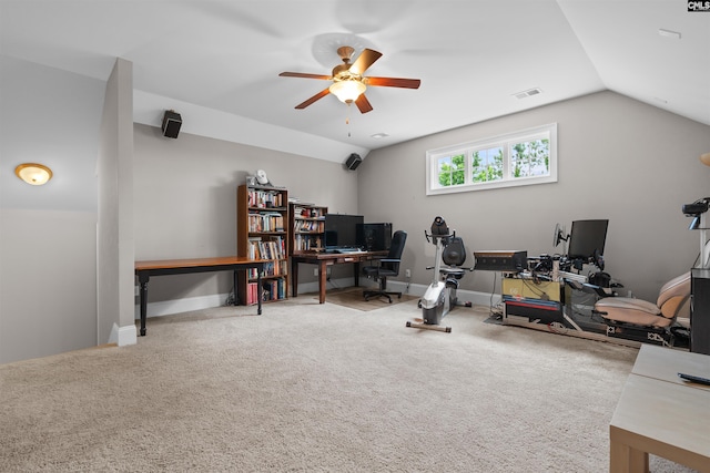 135 Bay Wren Rd, Blythewood, SC 29016 - carpeted office with a ceiling fan, vaulted ceiling, and baseboards