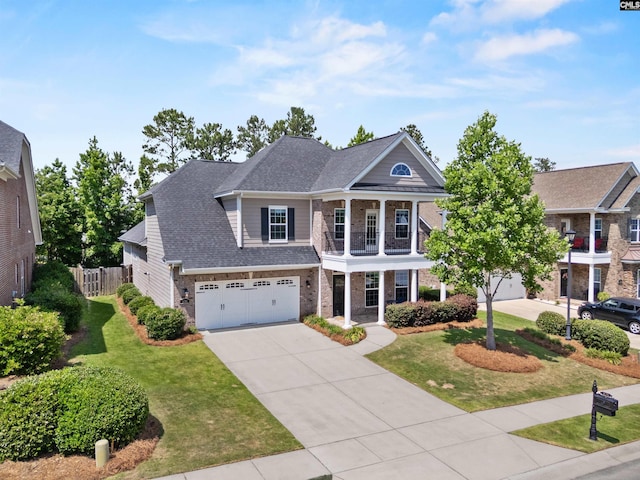 135 Bay Wren Rd, Blythewood, SC 29016 - view of front of property with brick siding, concrete driveway, a garage, a balcony, and a shingled roof