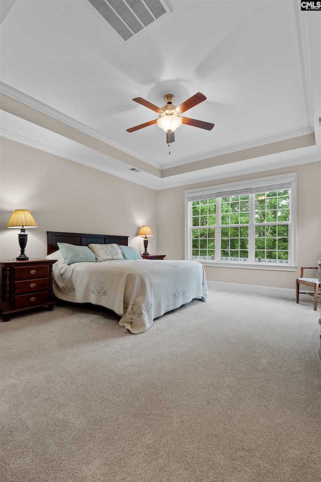 135 Bay Wren Rd, Blythewood, SC 29016 - carpeted bedroom with a raised ceiling, ornamental molding, and ceiling fan