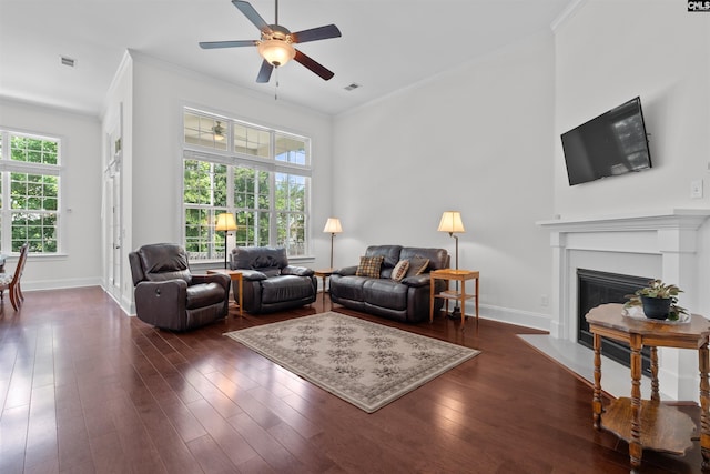 135 Bay Wren Rd, Blythewood, SC 29016 - living area with ornamental molding, a ceiling fan, a fireplace with flush hearth, dark wood-type flooring, and baseboards