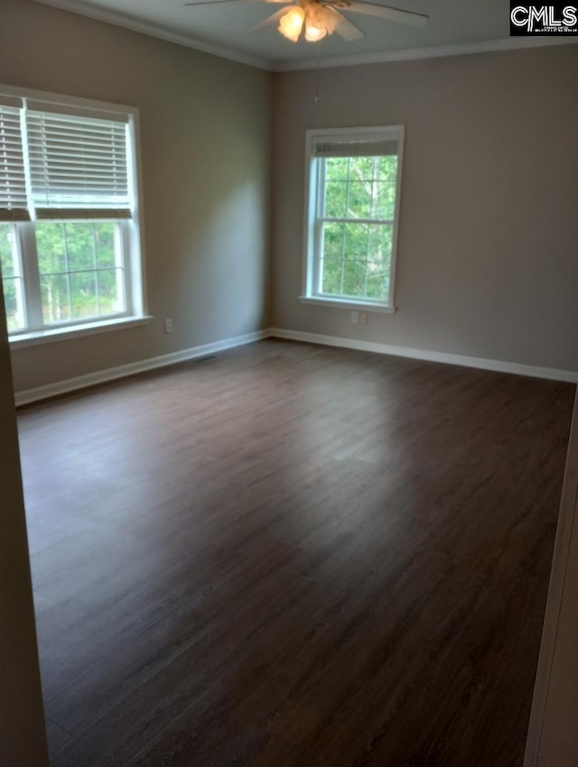 1699 Green Hill Rd, Lugoff, SC 29078 - unfurnished room with crown molding, dark wood-style floors, plenty of natural light, baseboards, and ceiling fan