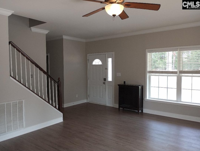 1699 Green Hill Rd, Lugoff, SC 29078 - entrance foyer with ceiling fan, wood finished floors, ornamental molding, baseboards, and stairs