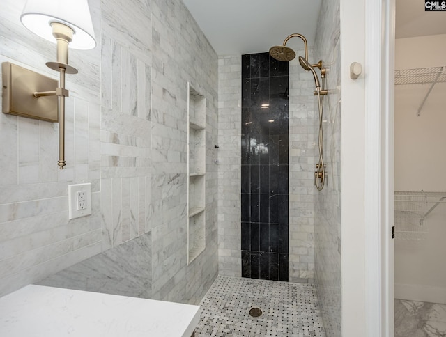 67 Ole Still Ln, Elgin, SC 29045 - full bathroom with tiled shower, a walk in closet, and marble finish flooring