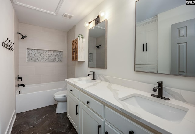67 Ole Still Ln, Elgin, SC 29045 - bathroom featuring toilet, double vanity, marble finish floors, and bathing tub / shower combination