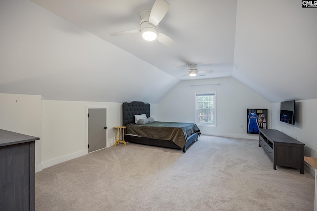 67 Ole Still Ln, Elgin, SC 29045 - carpeted bedroom featuring lofted ceiling, baseboards, and ceiling fan