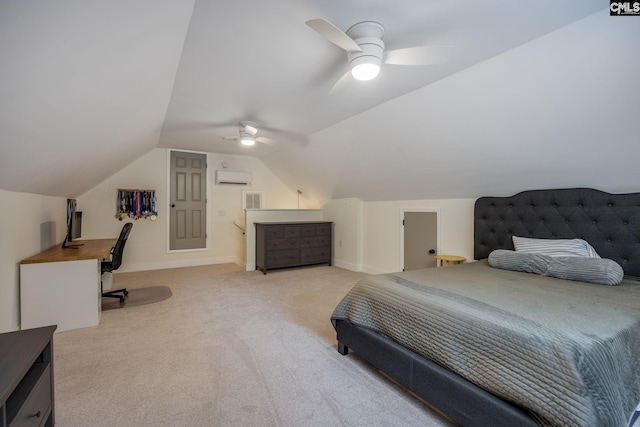 67 Ole Still Ln, Elgin, SC 29045 - bedroom featuring a wall mounted air conditioner, carpet floors, vaulted ceiling, ceiling fan, and baseboards