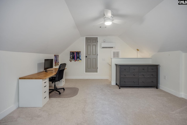 67 Ole Still Ln, Elgin, SC 29045 - carpeted home office with vaulted ceiling, a wall mounted AC, ceiling fan, and baseboards