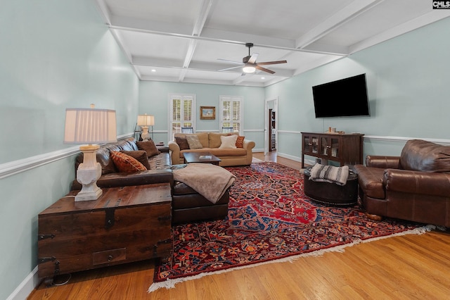 6148 Marthas Glen Rd, Columbia, SC 29209 - living area featuring coffered ceiling, a ceiling fan, wood finished floors, beam ceiling, and baseboards