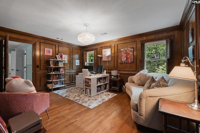 6148 Marthas Glen Rd, Columbia, SC 29209 - office area with healthy amount of natural light, a chandelier, light wood-style flooring, ornamental molding, and wooden walls