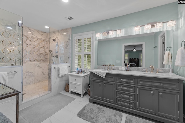 6148 Marthas Glen Rd, Columbia, SC 29209 - ensuite bathroom with marble look tiles, a walk in shower, double vanity, recessed lighting, and a ceiling fan