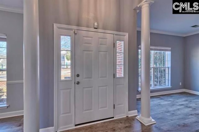 2 Alverston Ct, Irmo, SC 29063 - foyer entrance with ornate columns, crown molding, baseboards, and wood finished floors
