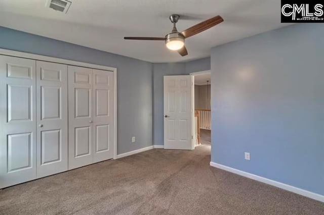 2 Alverston Ct, Irmo, SC 29063 - unfurnished bedroom featuring carpet flooring, baseboards, a closet, and a ceiling fan