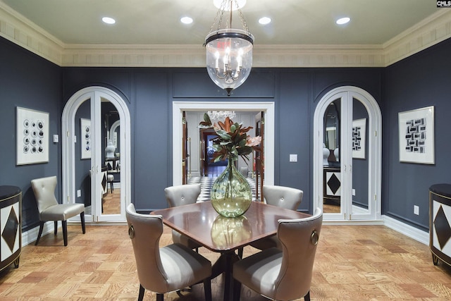 1829 Senate St Unit 11-A, Columbia, SC 29201 - dining space featuring arched walkways, crown molding, baseboards, recessed lighting, and a chandelier