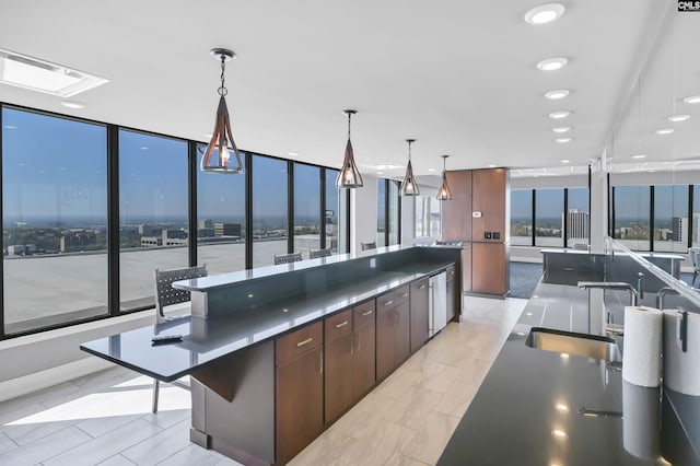 1829 Senate St Unit 11-A, Columbia, SC 29201 - kitchen featuring modern cabinets, a large island, pendant lighting, floor to ceiling windows, and dark brown cabinetry
