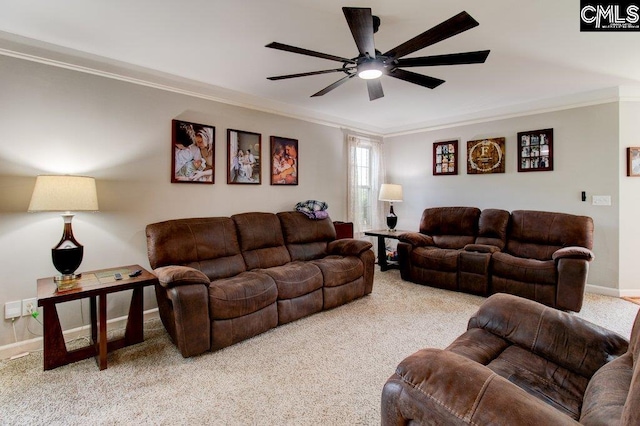115 Chestnut Woods Ln, Columbia, SC 29212 - living room featuring ornamental molding, ceiling fan, carpet floors, and baseboards