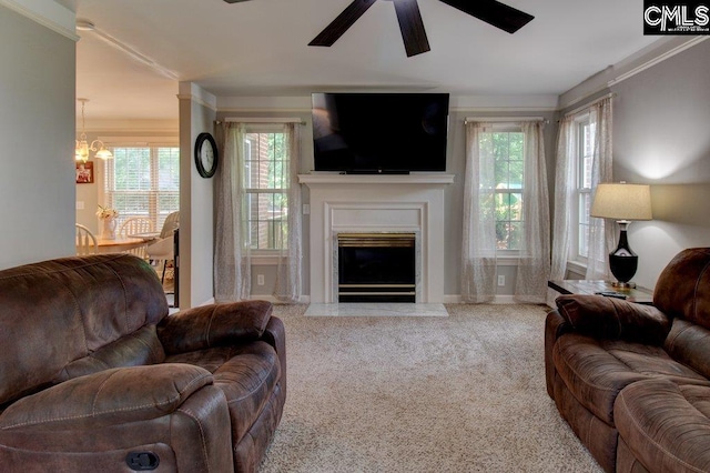 115 Chestnut Woods Ln, Columbia, SC 29212 - living area with ceiling fan, carpet floors, plenty of natural light, and a fireplace with flush hearth