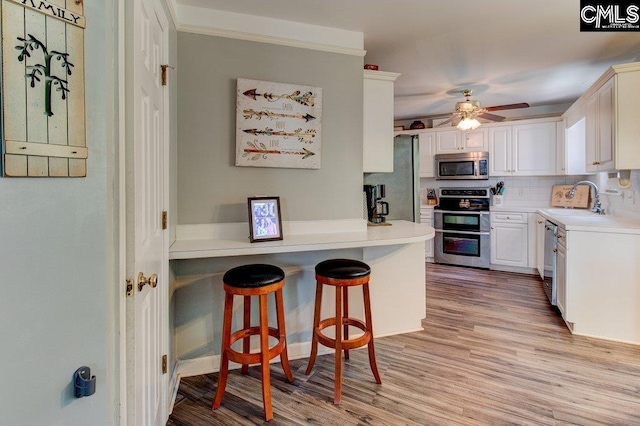 115 Chestnut Woods Ln, Columbia, SC 29212 - kitchen featuring appliances with stainless steel finishes, a sink, light wood-style floors, a ceiling fan, and white cabinets