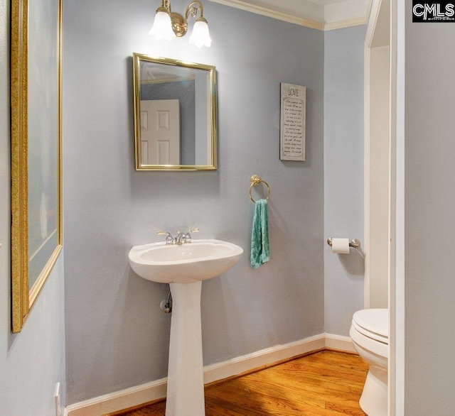 115 Chestnut Woods Ln, Columbia, SC 29212 - bathroom featuring toilet, ornamental molding, wood finished floors, baseboards, and a sink