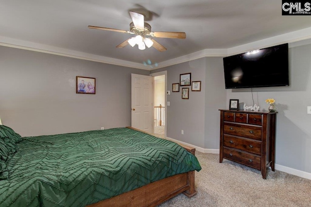 115 Chestnut Woods Ln, Columbia, SC 29212 - bedroom with light colored carpet, baseboards, ceiling fan, and crown molding